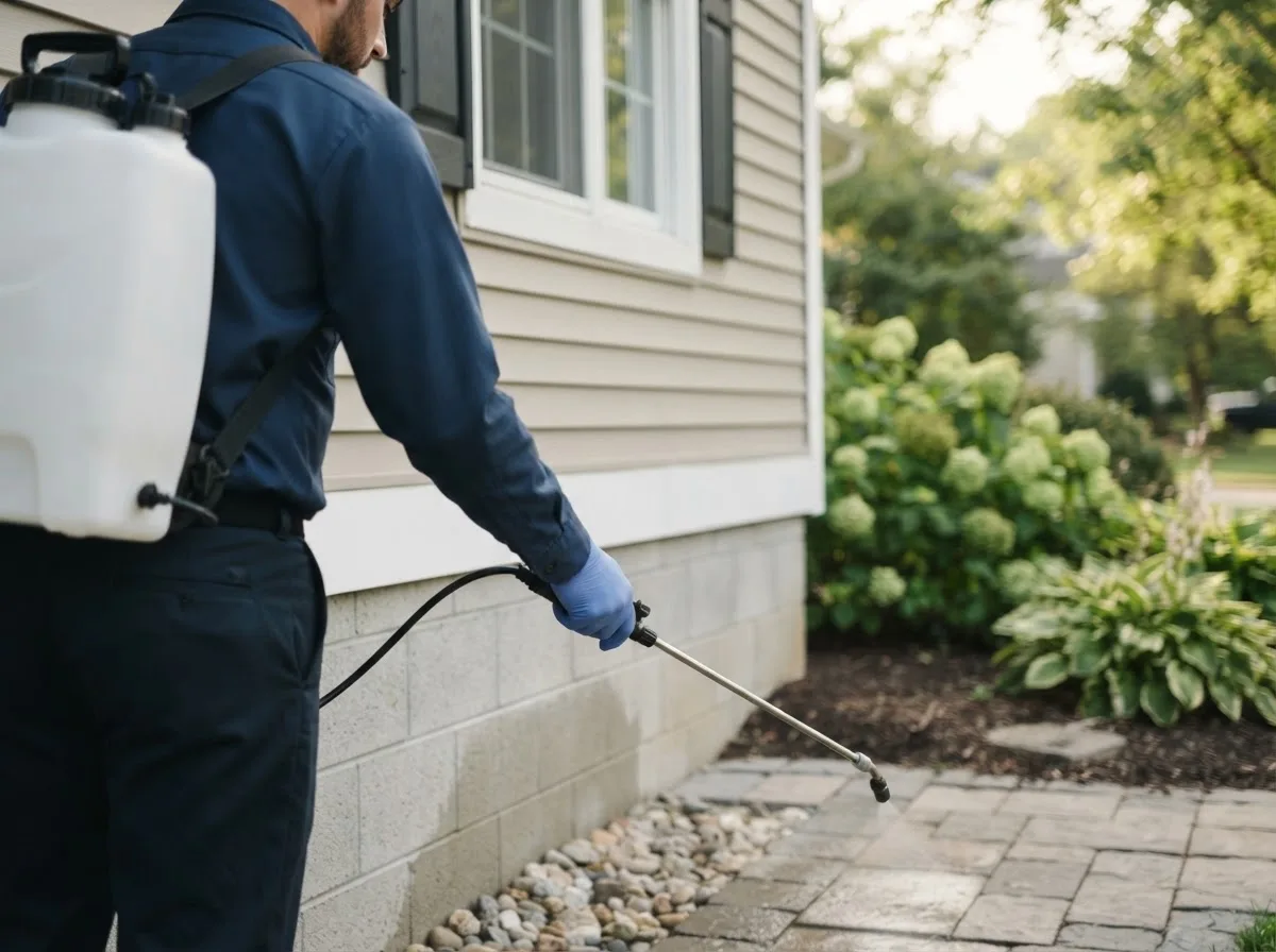 Pest control technician inspecting a home in Wood River, NE